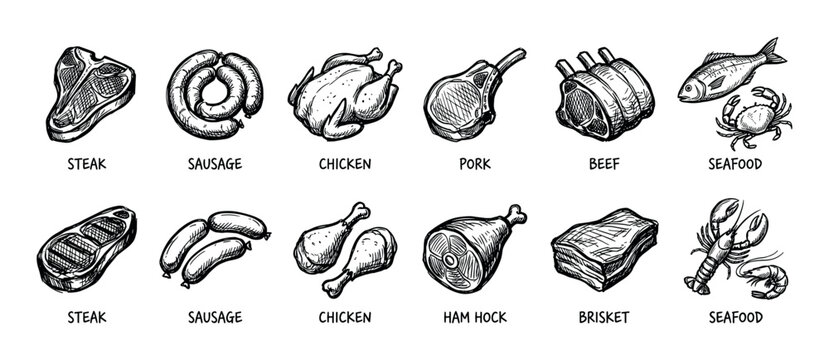 Hand-drawn collection of meat and seafood illustrations including steak, chicken, pork, and fish, a black and white sketch set perfect for a butcher shop menu or grocery store