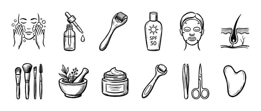 Collection of black and white beauty icons featuring skincare products like serum, cream, sunscreen, and tools such as a derma roller, gua sha, and brushes in a hand-drawn sketch style