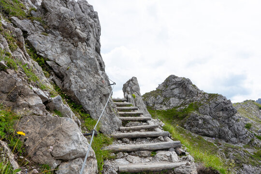 Mit Holzst&auml;mmen gesicherter Wanderpfad auf dem Aufstieg zur Kanzelwand im Kleinwalsertal.
