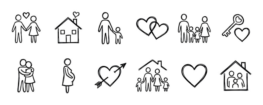 Hand-drawn family and love icons set featuring stick figures, couples, parents, children, hearts, and a house, rendered in a simple black and white doodle sketch style for relationship concepts