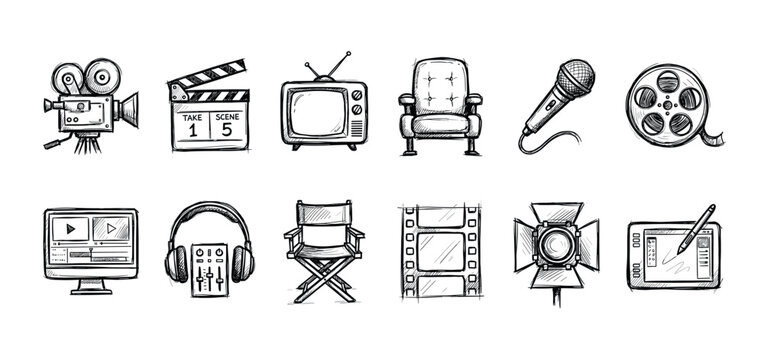 Collection of hand-drawn cinema icons representing filmmaking and video production, including a camera, clapperboard, microphone, and director's chair in a black sketch style