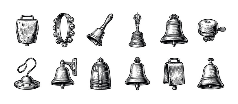 Collection of twelve different vintage bells in a detailed black and white engraving style, including handbell, cowbell, church bell, and ornate temple bell illustrations