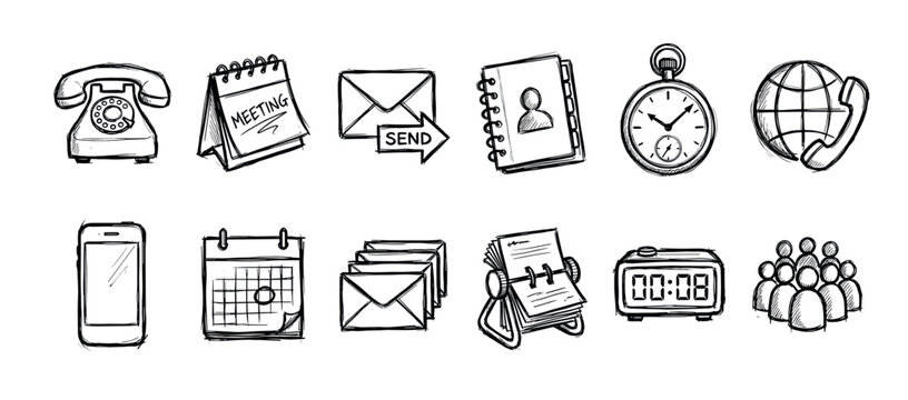 Hand-drawn black and white communication icons set in a sketchy doodle style illustrating business, office, and time management symbols like telephone, calendar, mail, and contacts