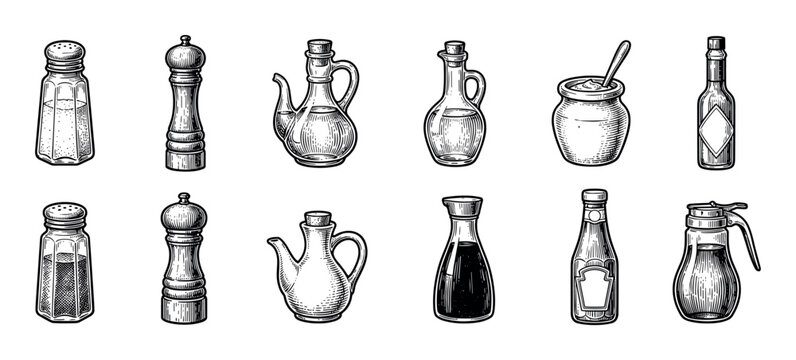 Collection of vintage condiment bottles and shakers including salt, pepper, oil, ketchup, and mustard in a detailed black and white hand-drawn engraving style illustration