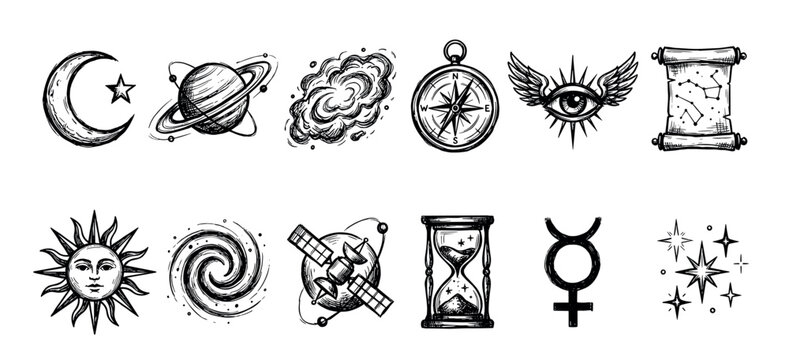 Collection of black and white esoteric symbols hand-drawn in a vintage engraving style, featuring celestial objects, alchemical signs, a compass, and a mystical winged eye