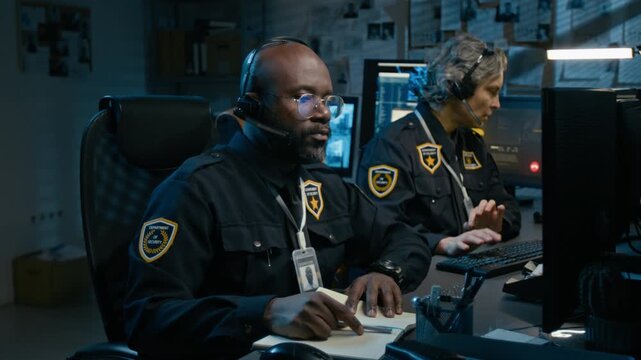 Medium shot of two dispatchers working together during night shift with focus on tired African American man stretching in foreground and taking off headset