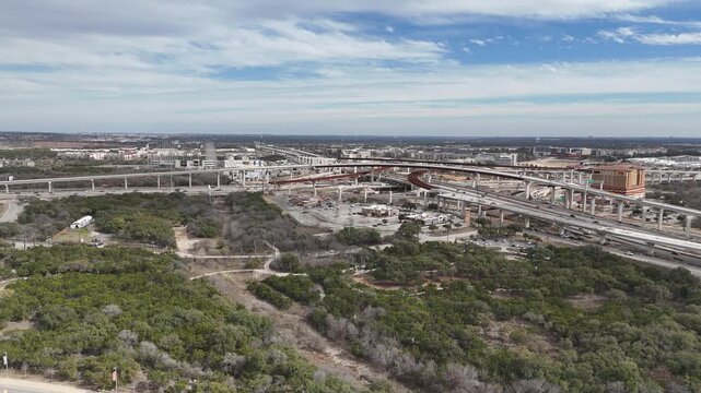 Interstate 10 and Loop 1604 interchange and highway construction in San Antonio, Texas 4K Aerial Drone Video