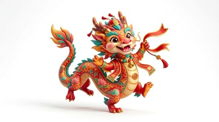 Cute Chibi Vietnamese Dragon Dancing Pose 3D Illustration for Asian Lunar New Year, pure white background

