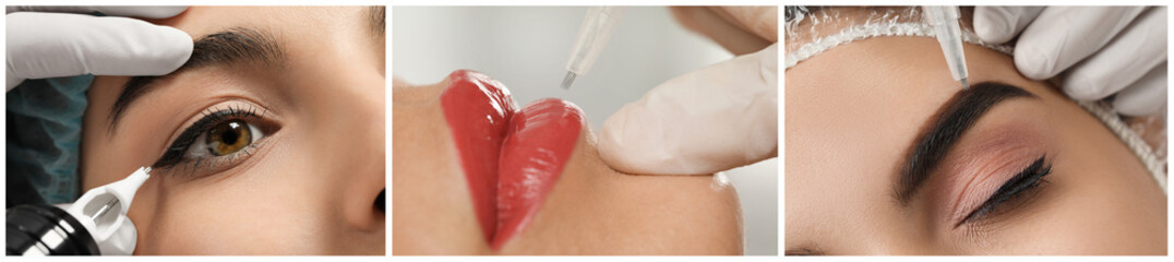 Fototapeta premium Permanent makeup. Collage with photos of woman during procedure