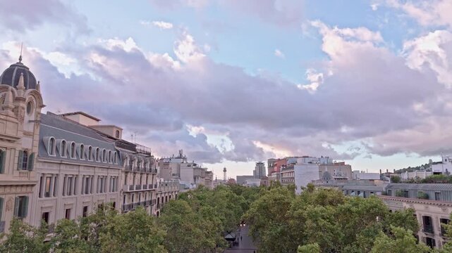 Aerial drone descending over la rambla in barcelona