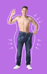 Man happy with his weight loss result on purple background. Outline around his body representing...