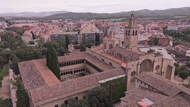 Aerial view flying over sant cugat monastery in barcelona spain