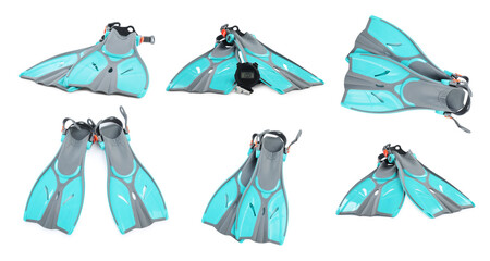 Pair of bright flippers isolated on white, collage. Swimming accessories © New Africa