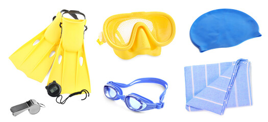 Set of objects for swimming lesson isolated on white © New Africa