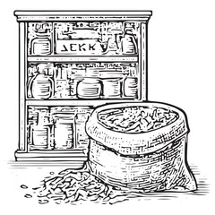 Fototapeta premium Vintage Herbal Apothecary Cabinet With Herb Sack Illustration Natural Medicine Storage