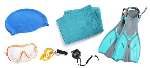 Set of objects for swimming lesson isolated on white © New Africa