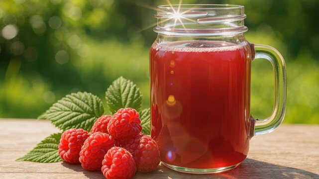 Raspberry Bliss: A refreshing raspberry beverage glistens in a mason jar, encircled by plump, ripe raspberries and fresh green leaves, evoking a sense of pure delight. 
