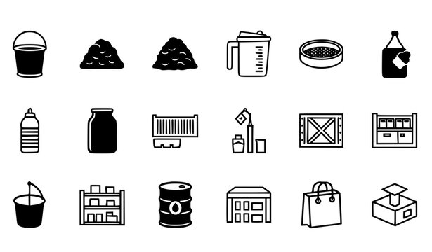 Minimal solid vector icon collection of warehouse shipping cargo container package barrel shelving and storage items
