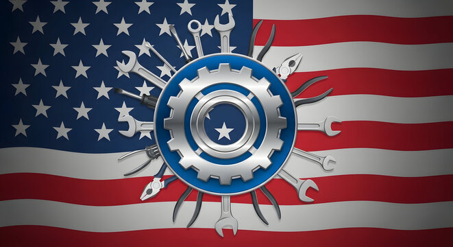 Labor day celebration under american flag with patriotic emblem