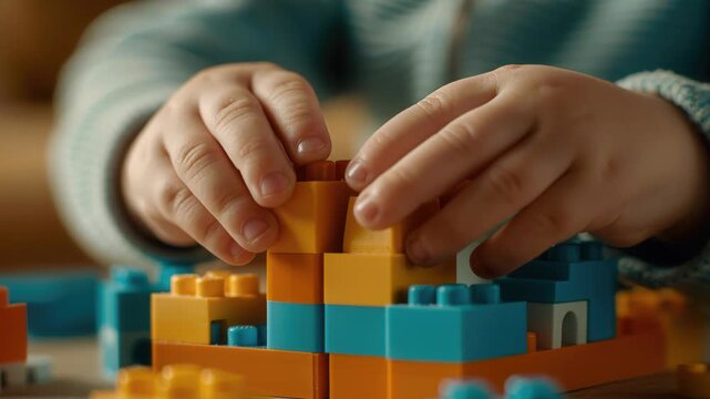 Creative Construction: A child's hands carefully assemble colorful building blocks, showcasing the joy of imaginative play and the development of essential skills.