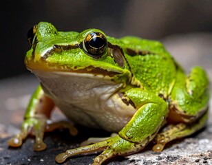 Obraz premium Vibrant Green Frog Posing on a Textured Surface, Close-Up.
