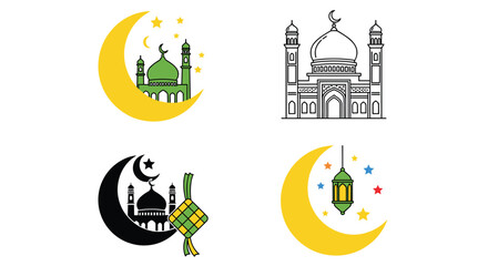 Obraz premium Icon Set Happy Eid Mubarak Al Fitr FLat Minimalist Design Illustration