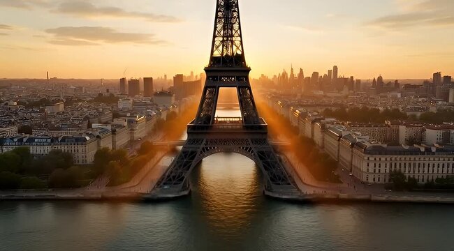 Eiffel Tower at Golden Hour: Iconic Paris Landmark with Cityscape and River 4k