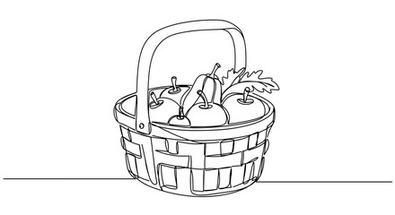Fototapeta premium Stroke outline illustration of a wicker basket filled with fruits and vegetables on a transparent background