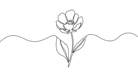 Stroke outline illustration of a flower with leaves on a transparent background