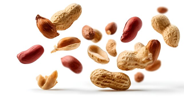 Scattered Peanuts in Shell and Shelled Flying Mid-Air.