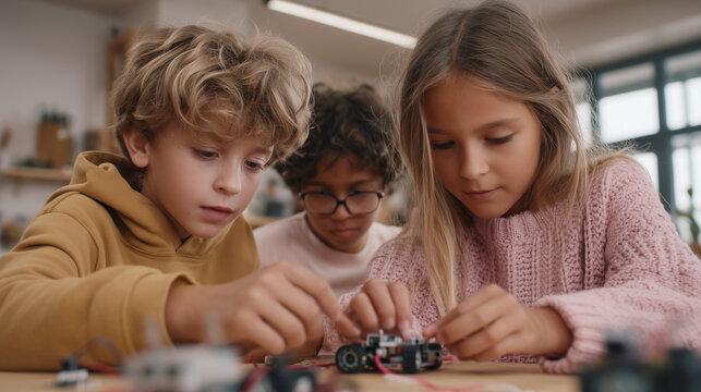 Elementary students building a programmable robot in a modern STEM classroom