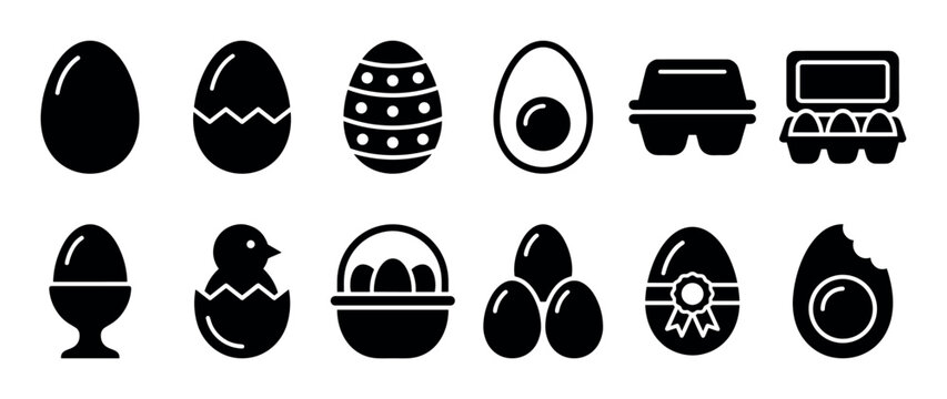 Black egg and poultry related icon set featuring a hatching chick, decorated Easter eggs, a basket, a carton, a boiled egg, and a cracked shell in a minimalist glyph style