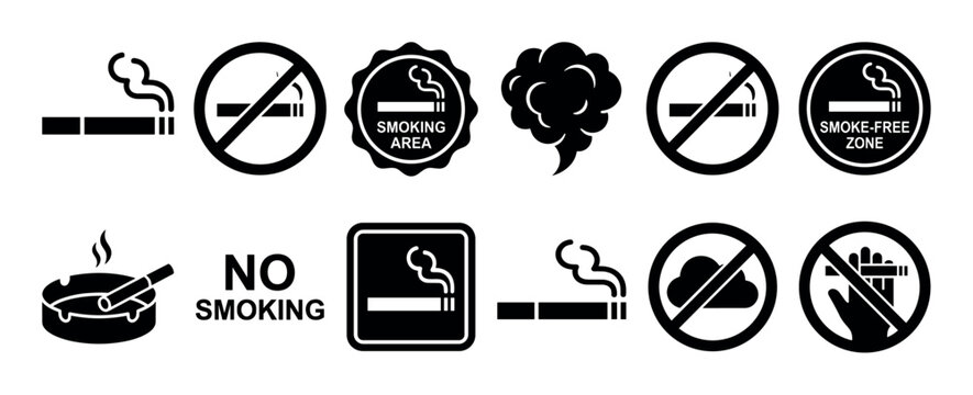 Set of black vector icons for smoking regulations, including no smoking signs, designated smoking area labels, smoke-free zone symbols, and cigarette pictograms