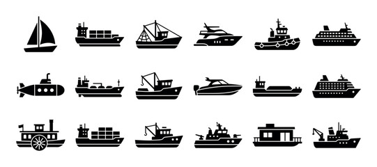 Obraz premium Set of black ship and boat icons featuring various watercraft like a sailboat, cargo ship, submarine, and cruise liner in a simple glyph style for maritime transportation concepts