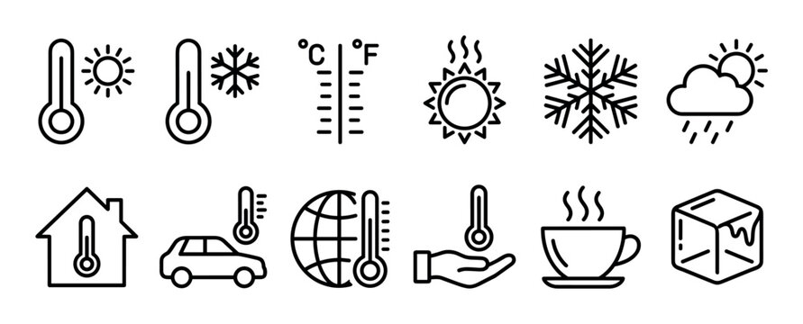 Collection of black outline weather icons showing temperature concepts like hot and cold with a thermometer, sun, snowflake, ice cube, and hot drink in a minimalist style