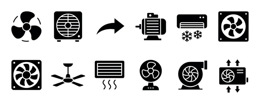 Set of black glyph icons representing ventilation, air conditioning, and heating systems, including various fans, motors, blowers, and coolers for climate control concepts