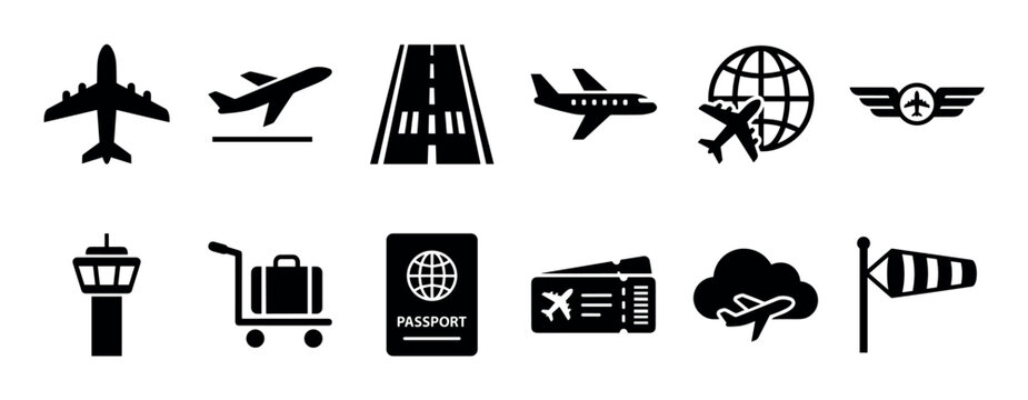 Set of black aviation and airport icons featuring various symbols for air travel, including an airplane, runway, passport, boarding pass, luggage cart, and air traffic control tower