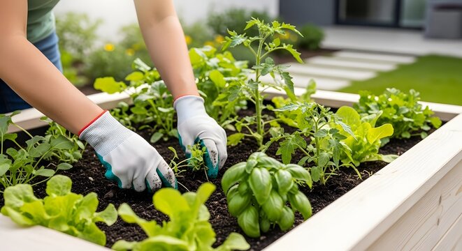 Gardener's hands in gloves pulling weeds from a raised vegetable garden bed in a sunny backyard.