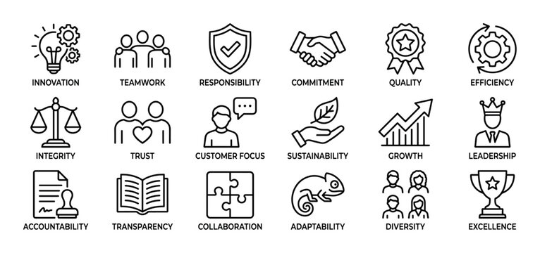 Set of black line icons representing core business values like innovation, teamwork, integrity, and quality, designed in a minimalist outline style for corporate communication