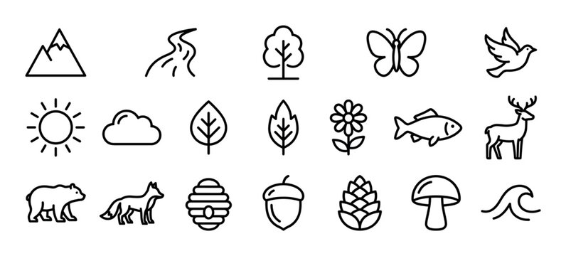 Set of nature and wildlife icons featuring a mountain, river, tree, sun, animals, and plants in a simple black and white line art style for graphic design projects