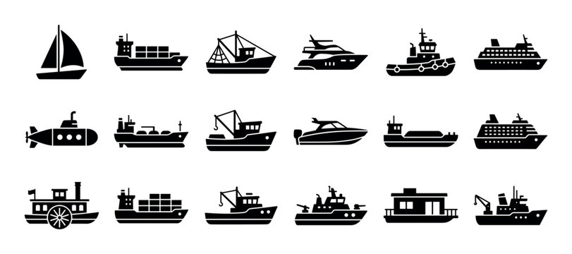 Set of black ship and boat icons featuring various watercraft like a sailboat, cargo ship, submarine, and cruise liner in a simple glyph style for maritime transportation concepts