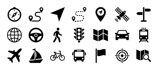 Fototapeta premium Set of black solid glyph icons for navigation, travel, and transportation, featuring a compass, map, route pin, car, bus, airplane, and other related symbols in a clean minimalist style