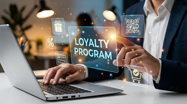 Businessman in blue suit interacting with digital loyalty program on laptop, modern office background with icons, symbolizing customer retention and marketing strategy