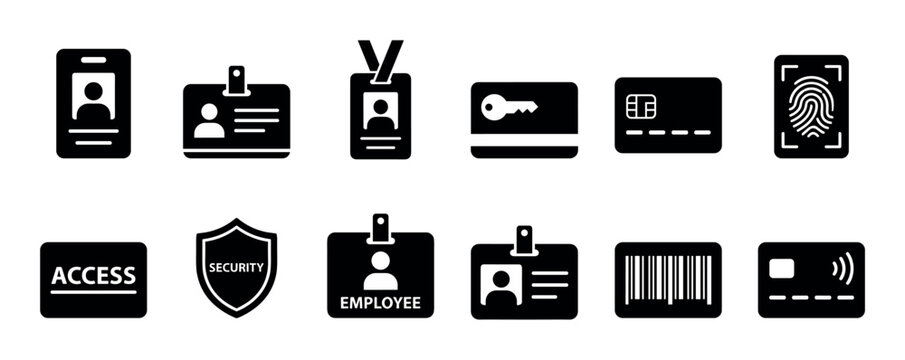 Set of black security and identification icons including ID cards, keycards, fingerprint scanner, and employee badges for access control systems, presented in a clean, minimalist glyph style