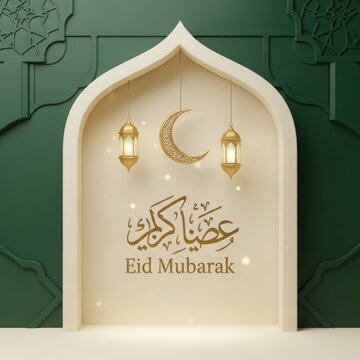 A beige eid mubarak sign with a crescent moon and lanterns illustration