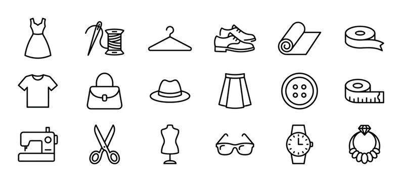 Collection of minimalist outline icons for fashion and tailoring, featuring a dress, sewing machine, scissors, handbag, shoes, watch, and other clothing accessories