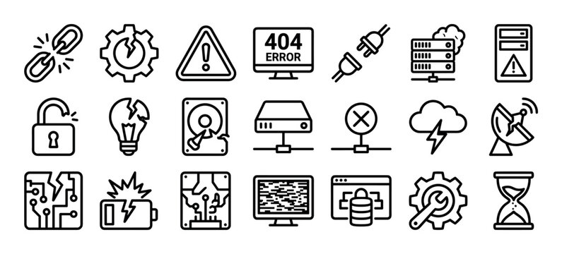 Collection of black line art icons representing system errors, technical failures, and broken connections, including a 404 message, cracked gear, and damaged hardware symbols