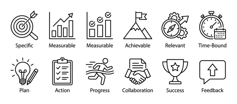 Set of black line icons illustrating SMART goal criteria and business concepts like planning, action, progress, and success for project management and strategy development