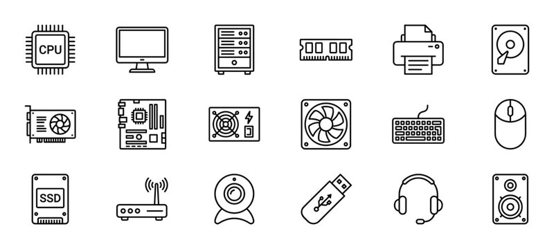 Set of computer hardware and peripheral icons in a minimalist line art style, featuring components like CPU, motherboard, RAM, and devices like a keyboard, mouse, and monitor