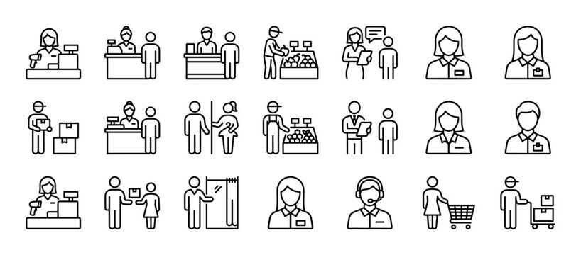 Collection of black line art icons representing retail, shopping, and customer service, including a cashier, sales assistant, delivery person, and shoppers in a supermarket